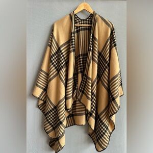 Camel Plaid Blanket Cape Poncho – Open Front Fall/Winter Wrap • One Size (NWOT)
